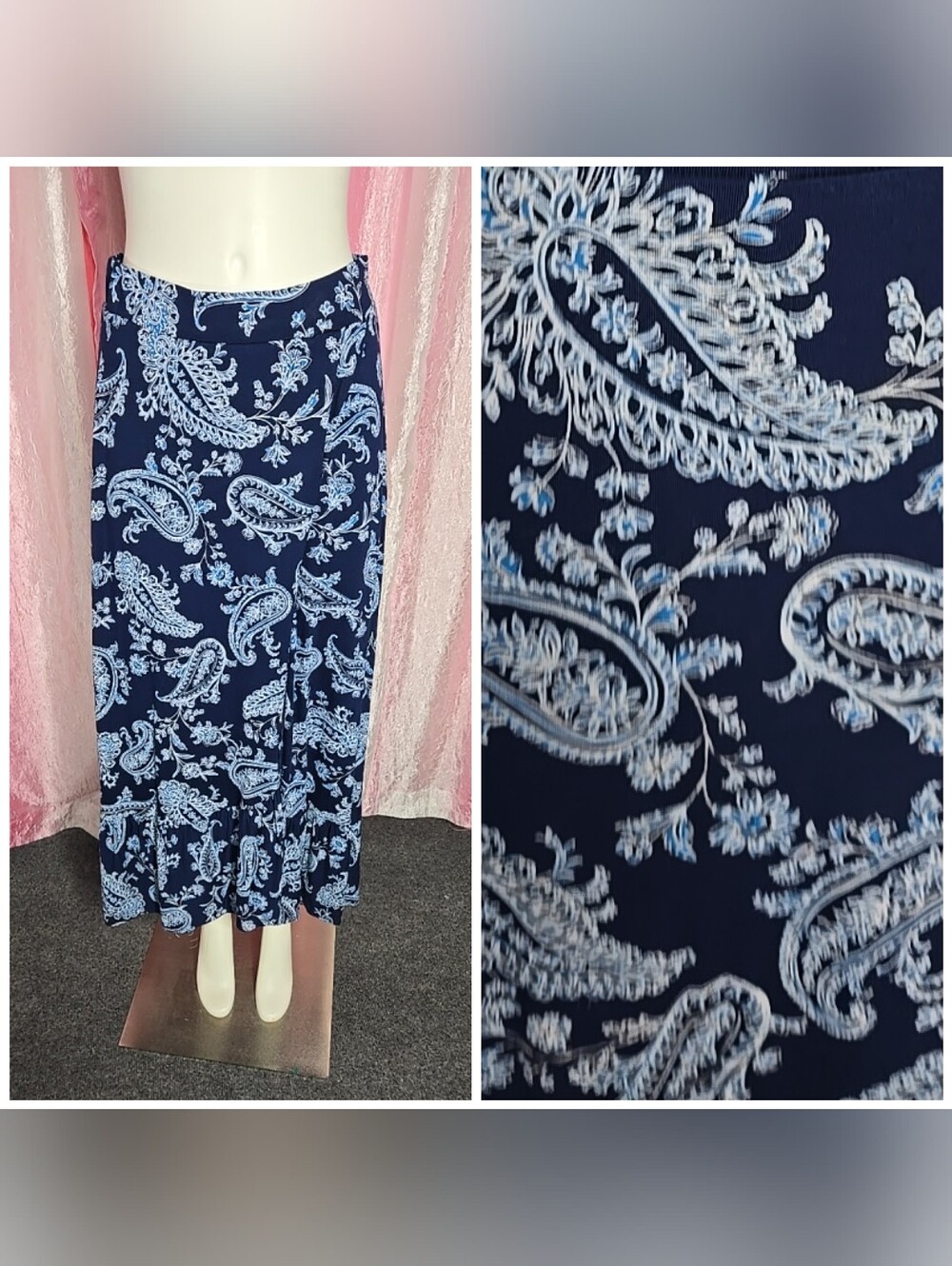 Talbots Faux Wrap Knit Ruffle Blue White Paisley Maxi Skirt Size Small Petite
